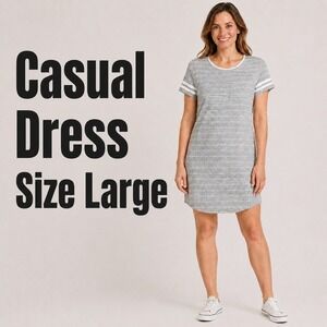 Pink Rose Womens Grey Striped T-Shirt Dress Short Sleeve Casual‎  Large